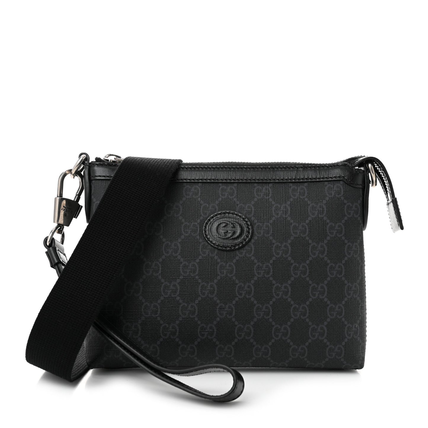 GG Supreme Monogram Azalea Calfskin Retro Interlocking G Wristlet Messenger Bag Black