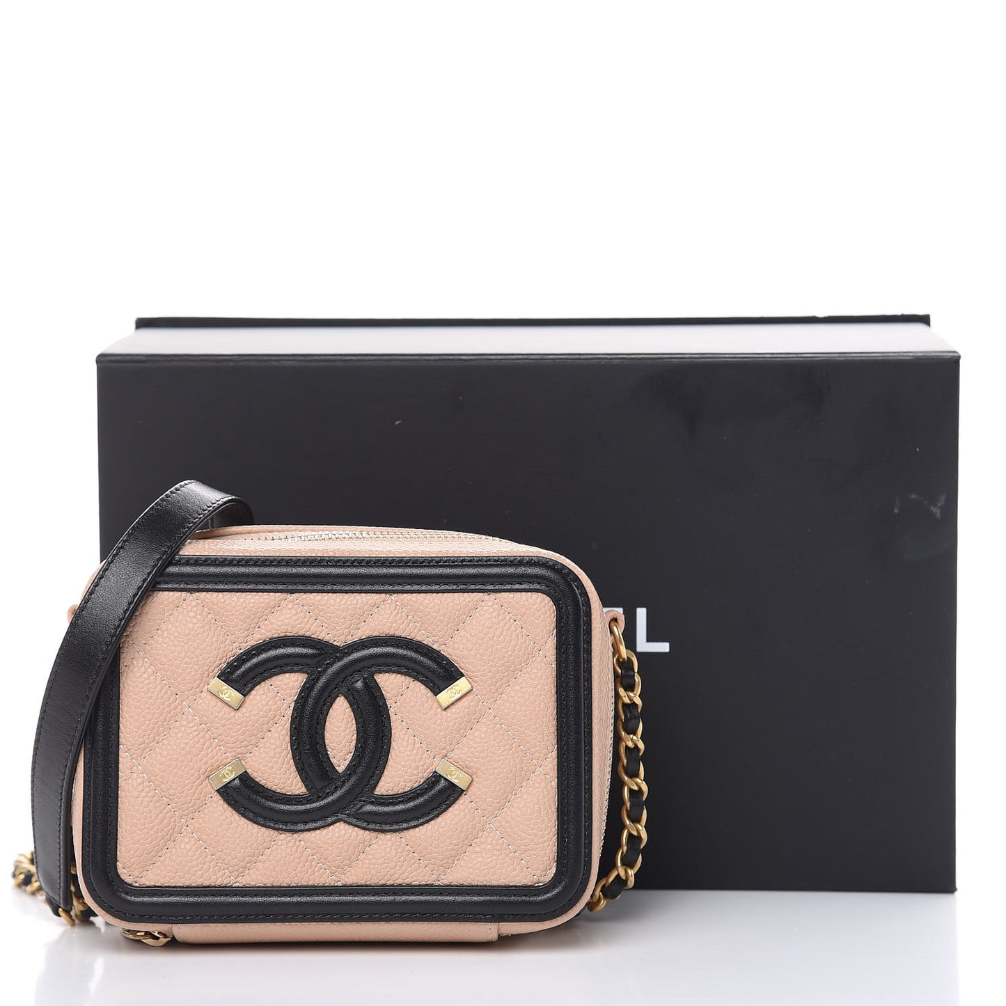 Caviar Quilted CC Filigree Vanity Clutch With Chain Beige Black