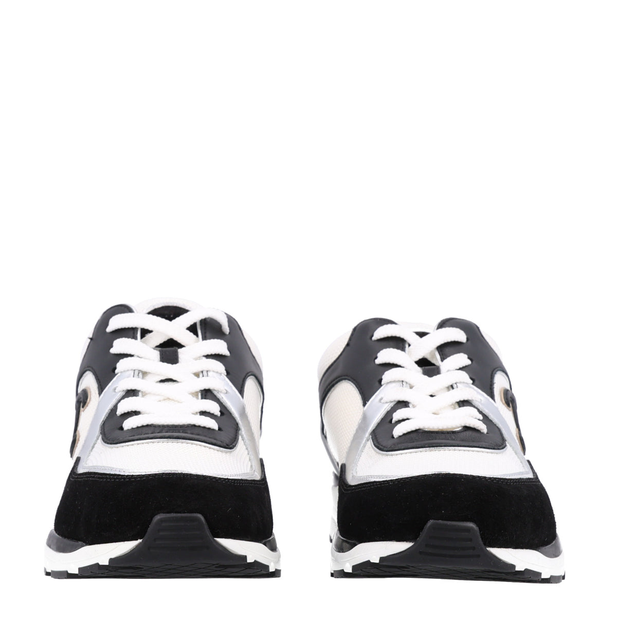 Mesh Suede Calfskin Grained Calfskin Womens CC Sneakers 39 Black White Silver
