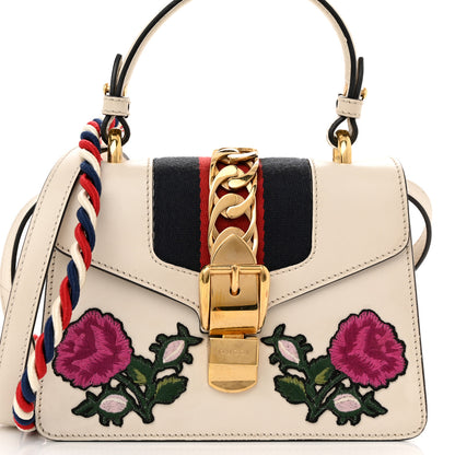 Gucci Calfskin Embroidered Mini Sylvie Top Handle Bag White 8 of 10