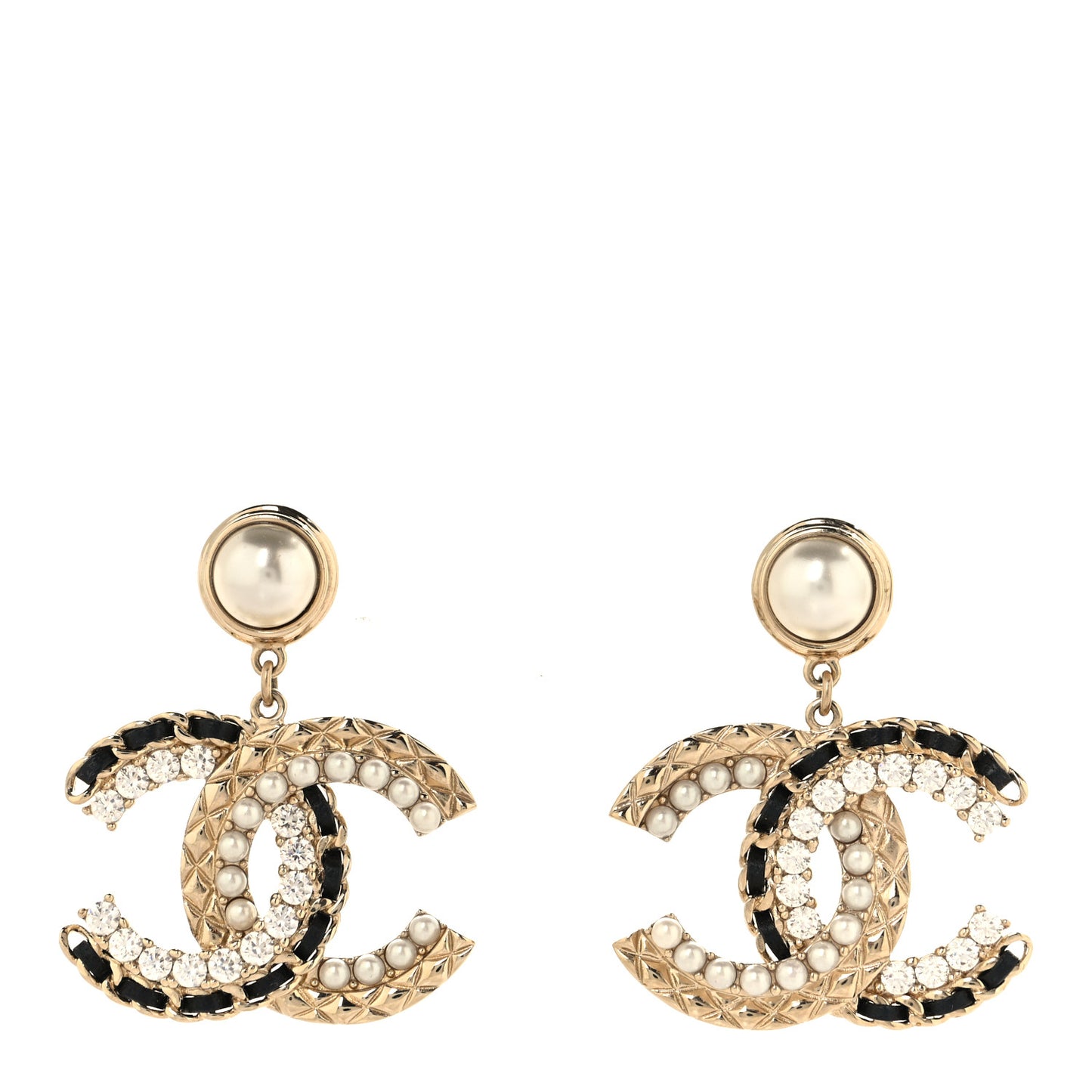 Pearl Lambskin Crystal Chain Textured CC Drop Earrings Black Gold