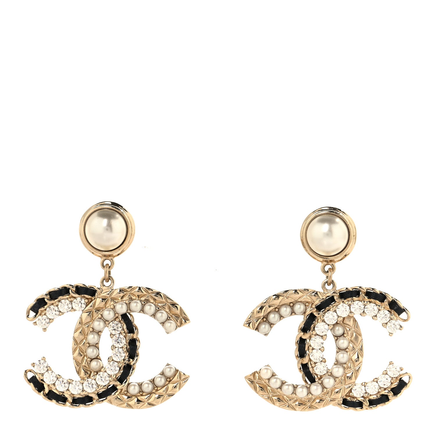 Chanel Pearl Lambskin Crystal Chain Textured CC Drop Earrings Black Gold 1 of 5