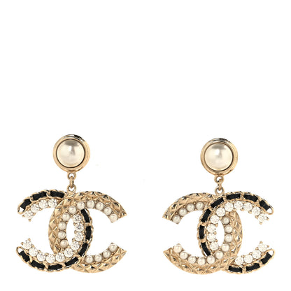 Chanel Pearl Lambskin Crystal Chain Textured CC Drop Earrings Black Gold 1 of 5