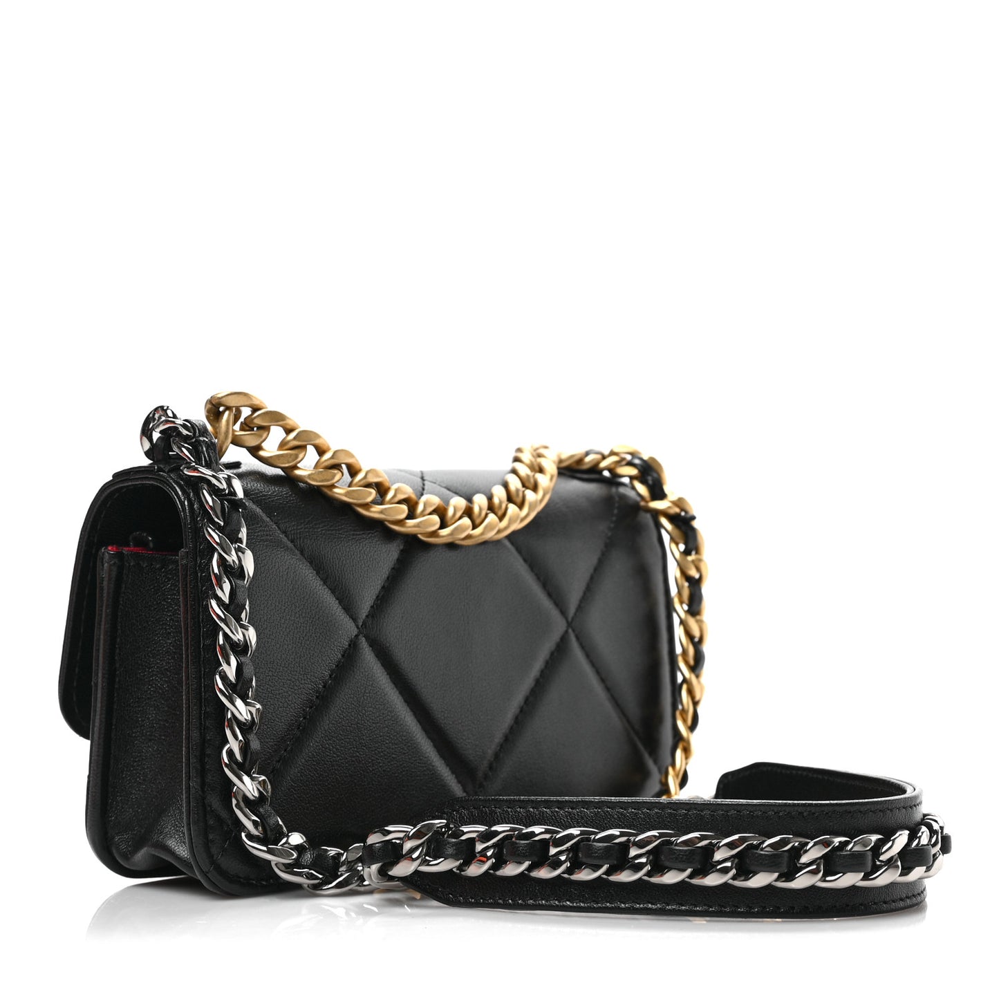 Lambskin Quilted Chanel 19 Flap Phone Holder With Chain Black