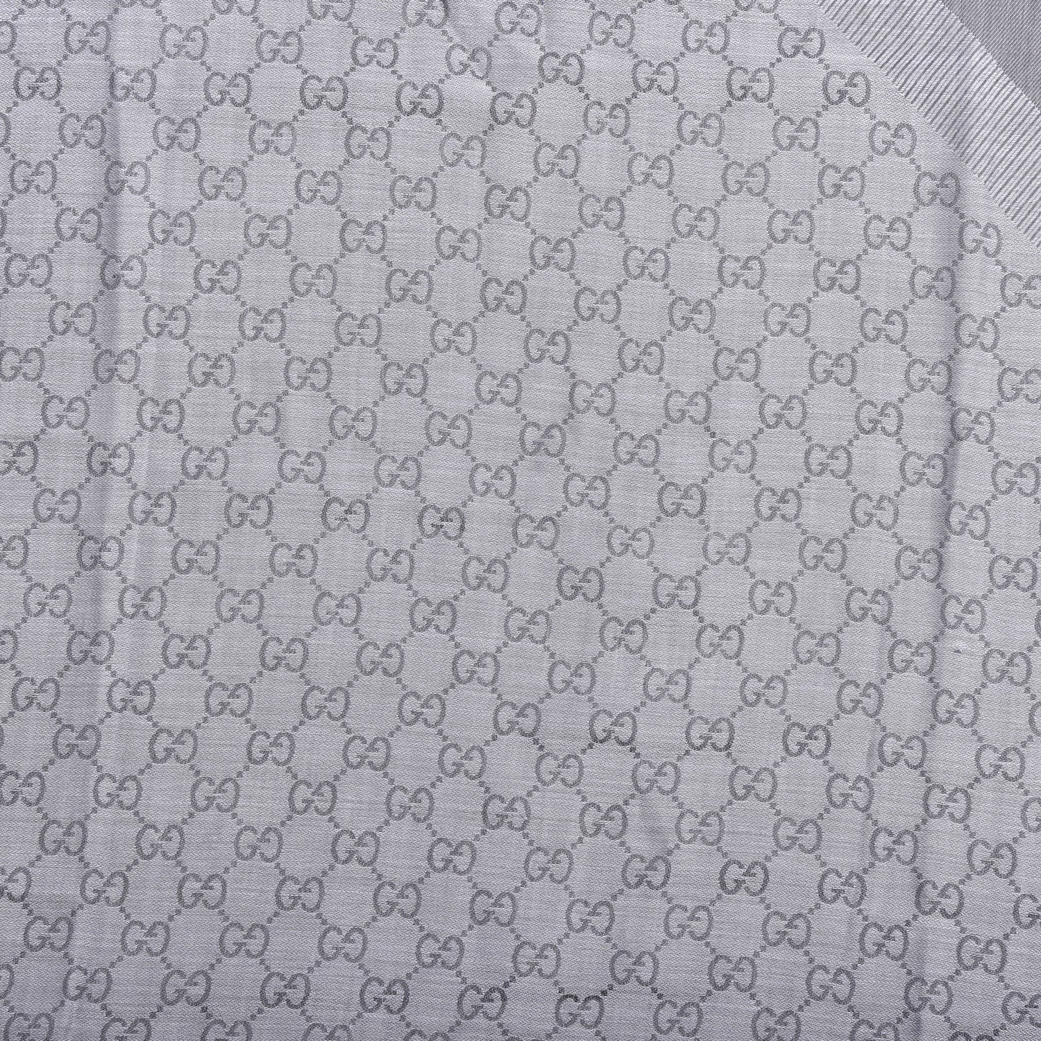 Gucci Wool Silk Monogram GGWeb Fringe Shawl Pearl Medium Grey 4 of 4
