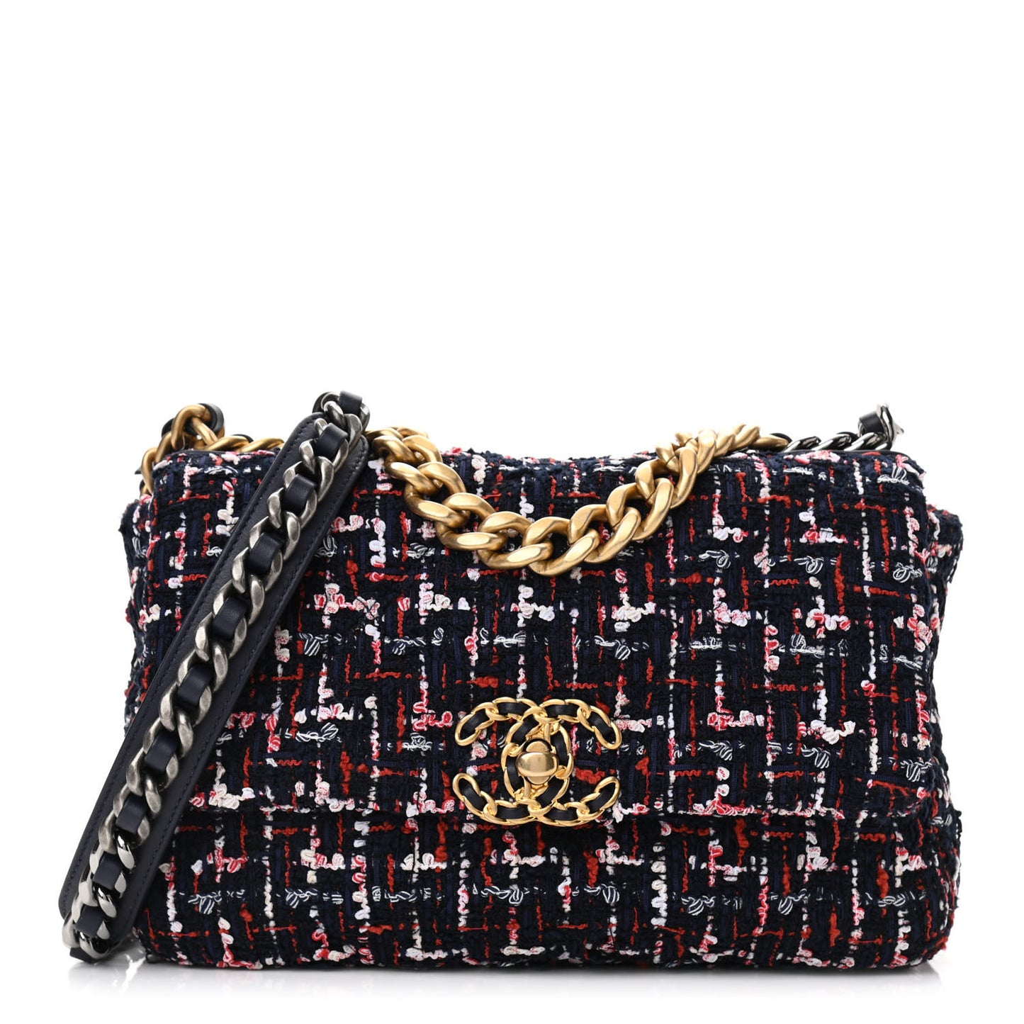Tweed Quilted Medium Chanel 19 Flap Navy Blue White Red