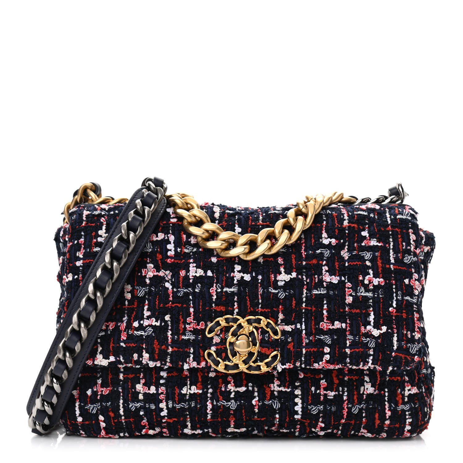 Chanel Tweed Quilted Medium Chanel 19 Flap Navy Blue White Red 1 of 11