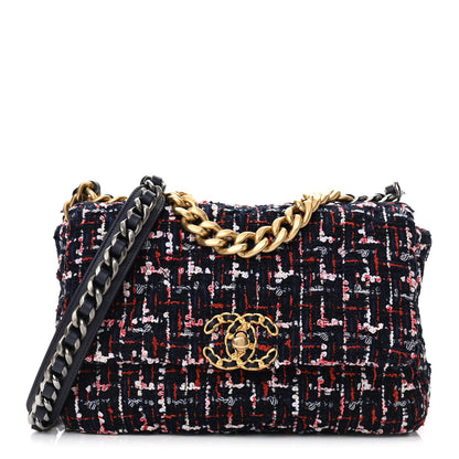 Chanel Tweed Quilted Medium Chanel 19 Flap Navy Blue White Red 1 of 11
