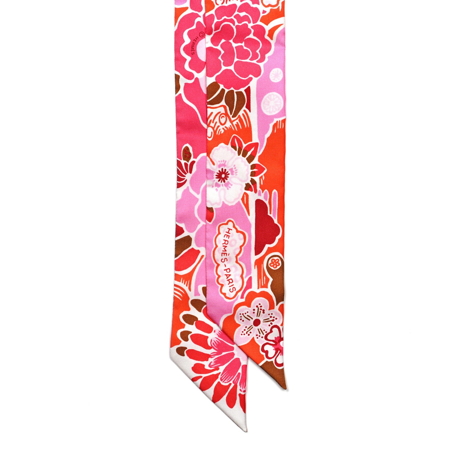 Hermes Silk Bingata Twilly Fuchsia Corail Brun 2 of 4