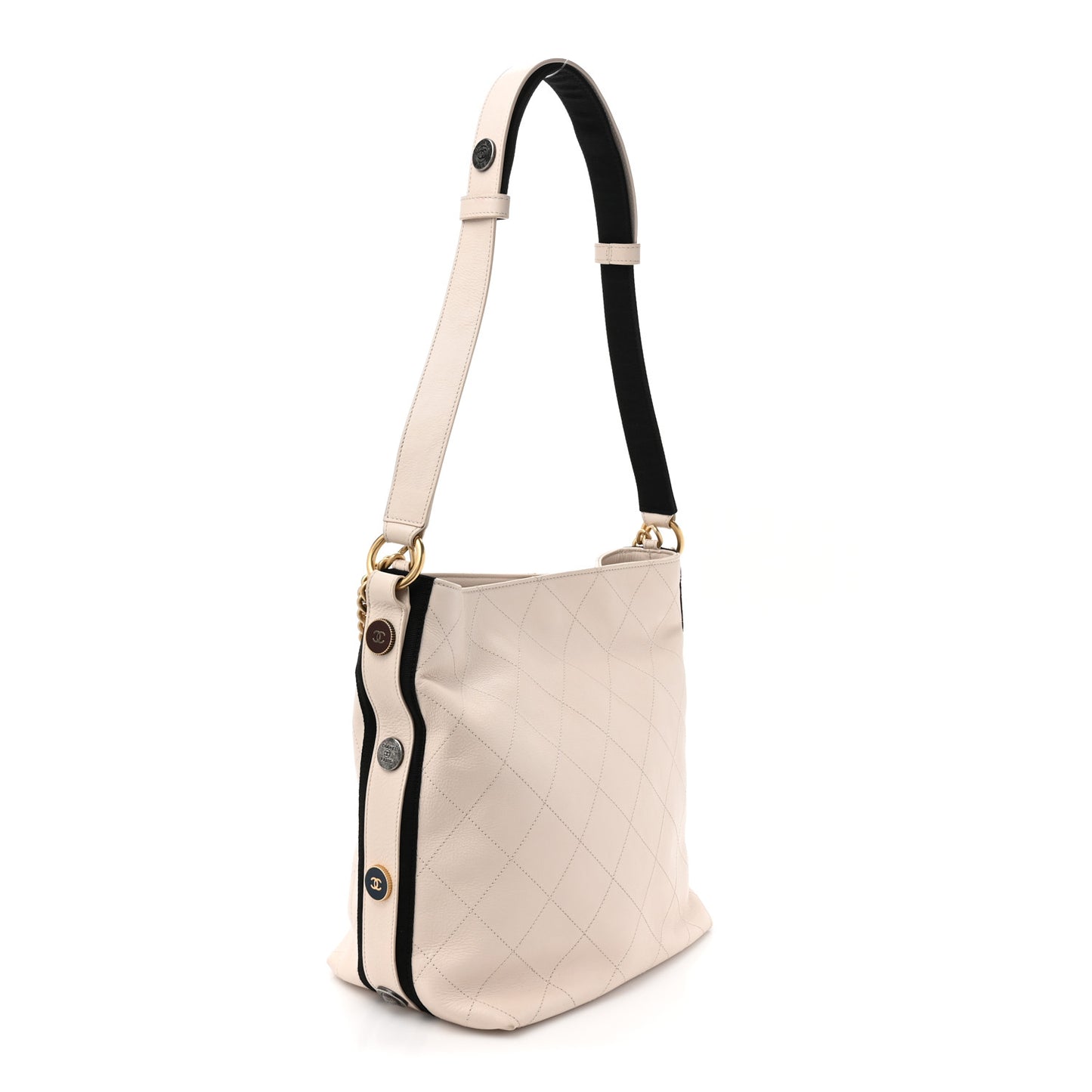 Calfskin Stitched Large Button Up Hobo Ivory Black