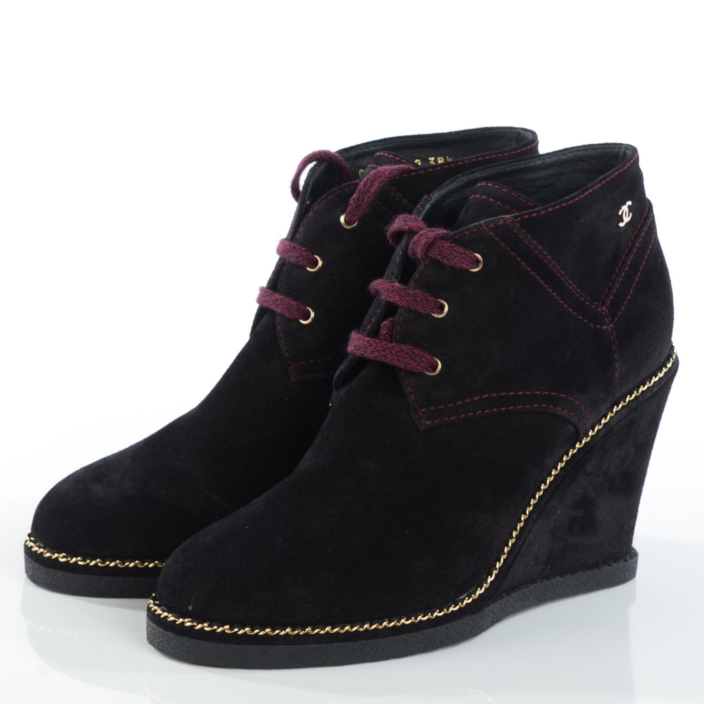 Suede Calfskin Lace Up Wedge Booties 38.5 Black