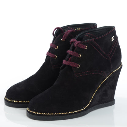 Chanel Suede Calfskin Lace Up Wedge Booties 38.5 Black 3 of 7