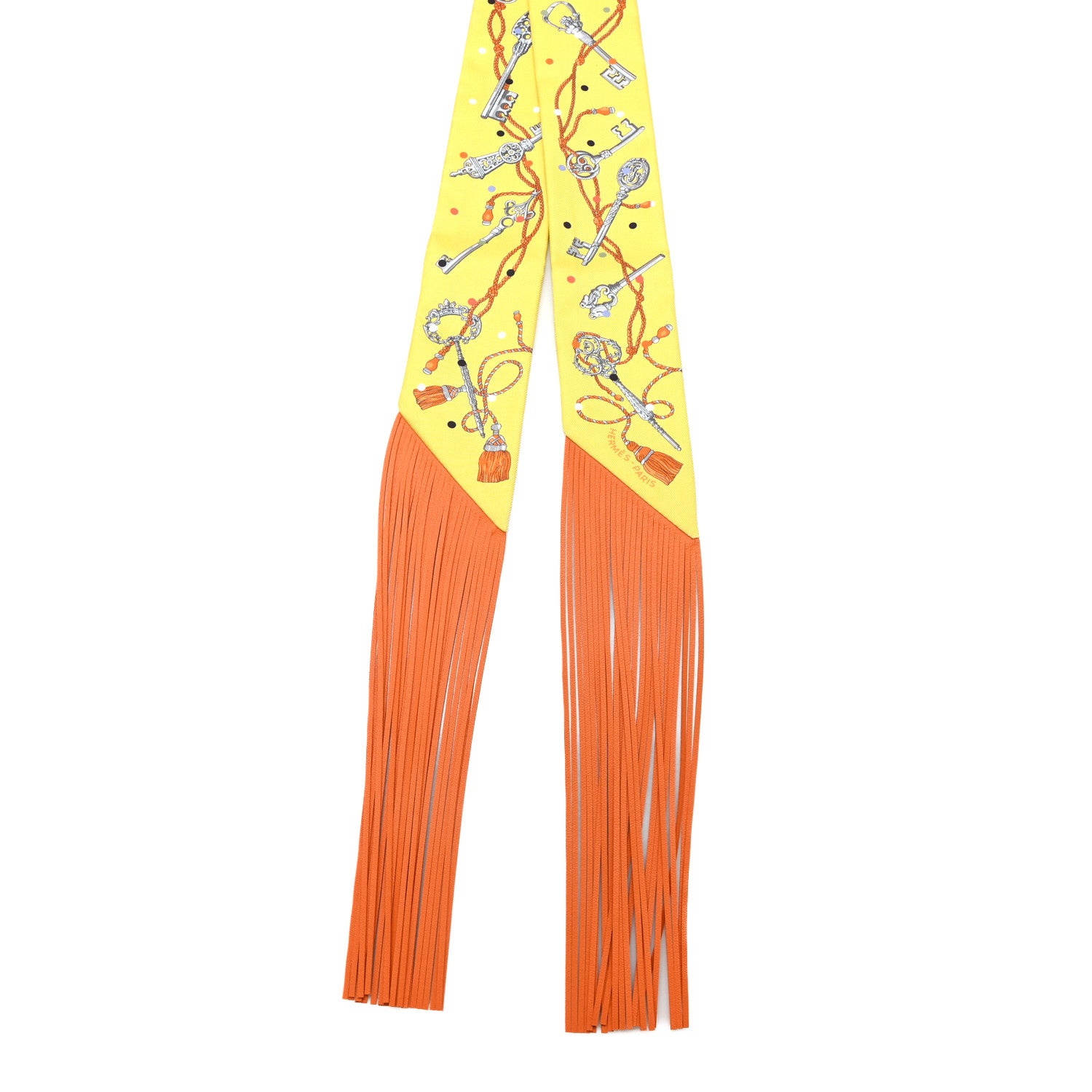 Hermes Silk Calfskin Les Cles A Pois Fringed Twilly Jaune Argent