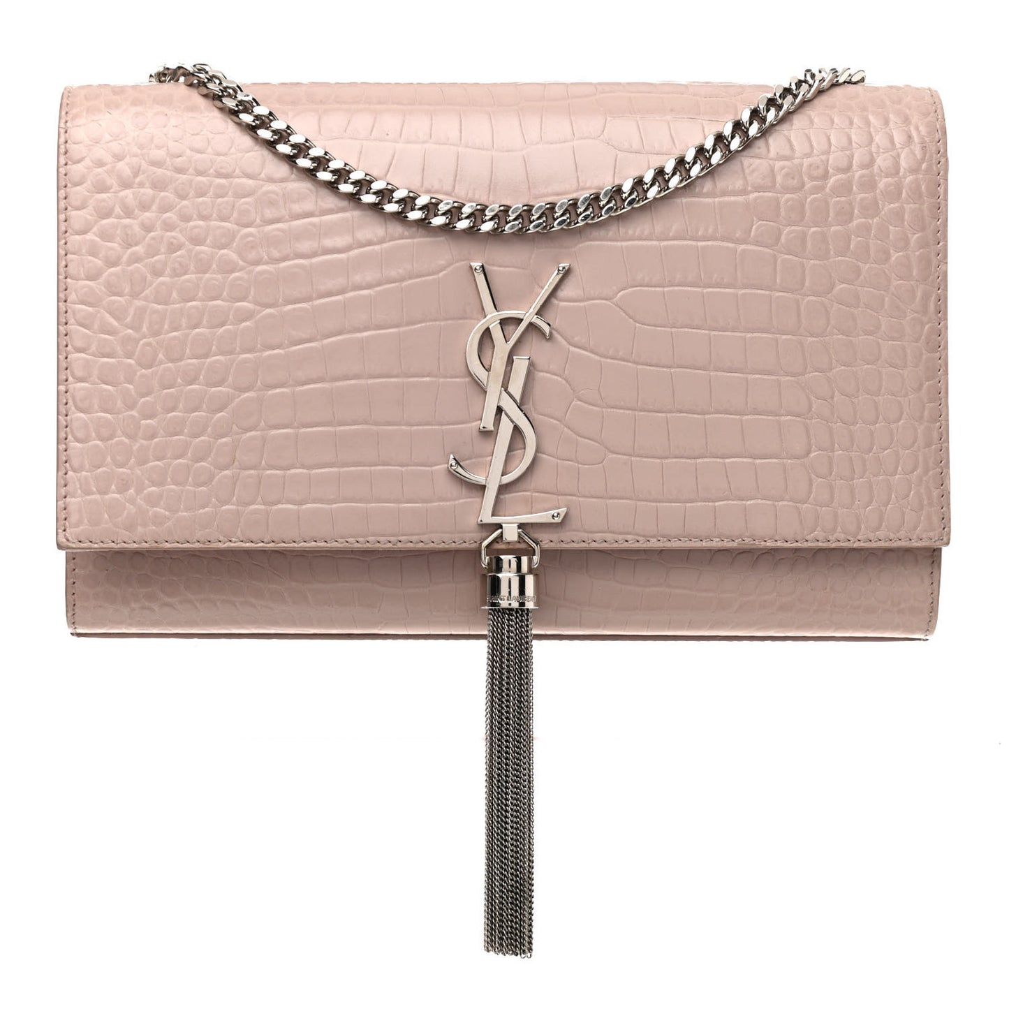 Calfskin Crocodile Embossed Medium Classic Monogram Kate Tassel Satchel Powder Pink