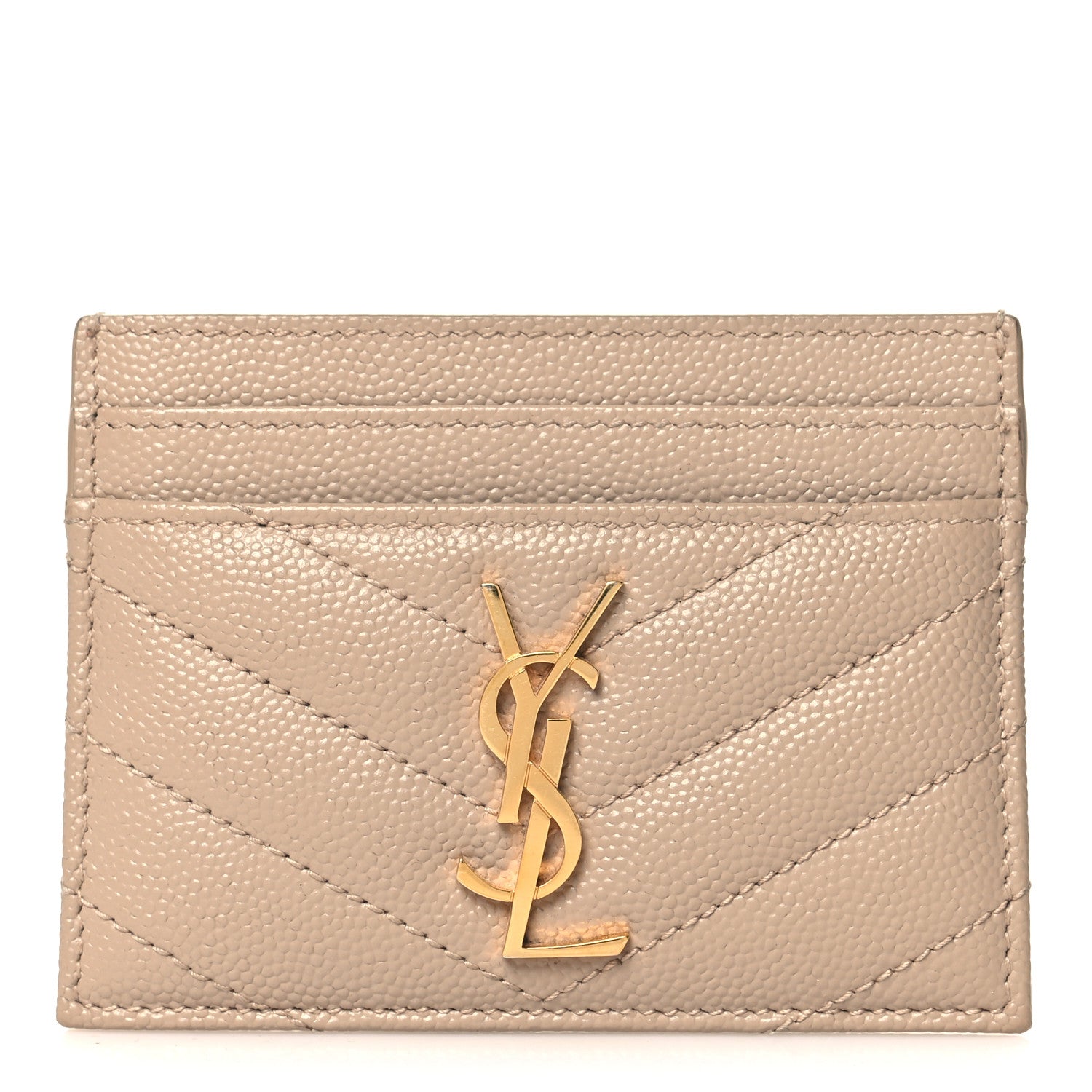 Saint Laurent Grain De Poudre Matelasse Chevron Monogram Credit Card Case Dark Beige 1 of 8