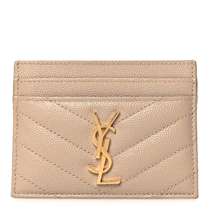 Saint Laurent Grain De Poudre Matelasse Chevron Monogram Credit Card Case Dark Beige 1 of 8
