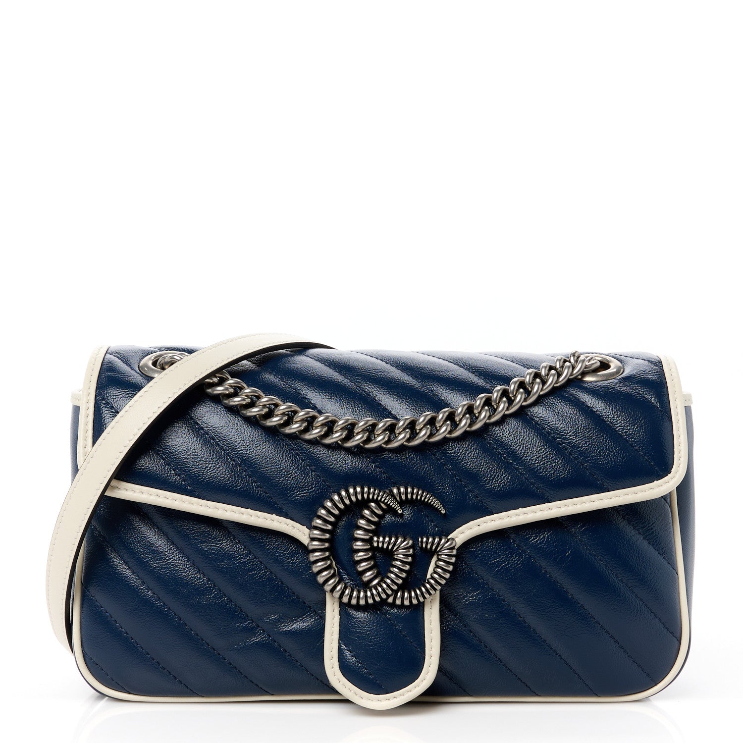 Gucci Vintage Effect Calfskin Matelasse Diagonal Small Torchon GG Marmont Shoulder Bag Blue Agata Mystic White 1 of 11