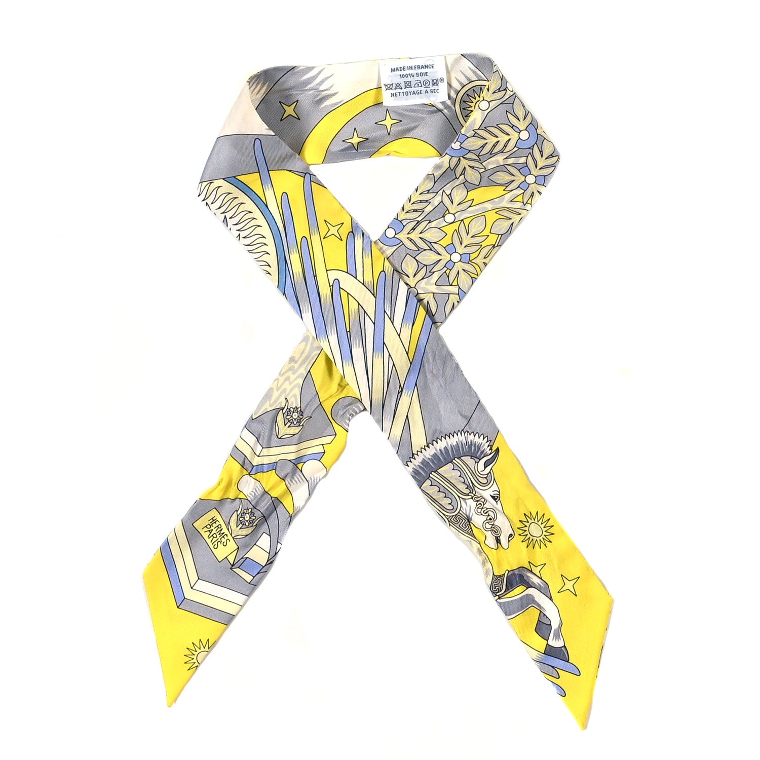 Hermes Silk La Source de Pegase Twilly Jaune Vif Gris Perle 1 of 3