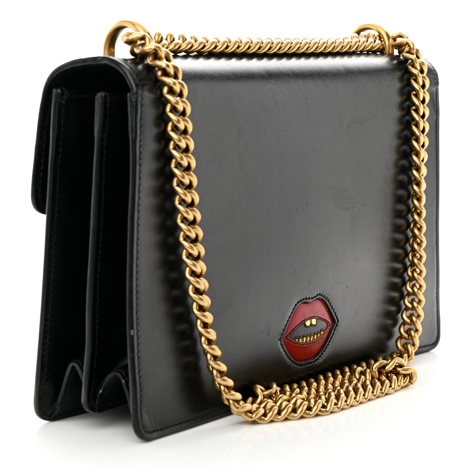 Gucci Knight Calfskin Malaga Kid Heart Medium GG Marmont Chain Handle Bag Black Hibiscus Red Multicolor 3 of 15