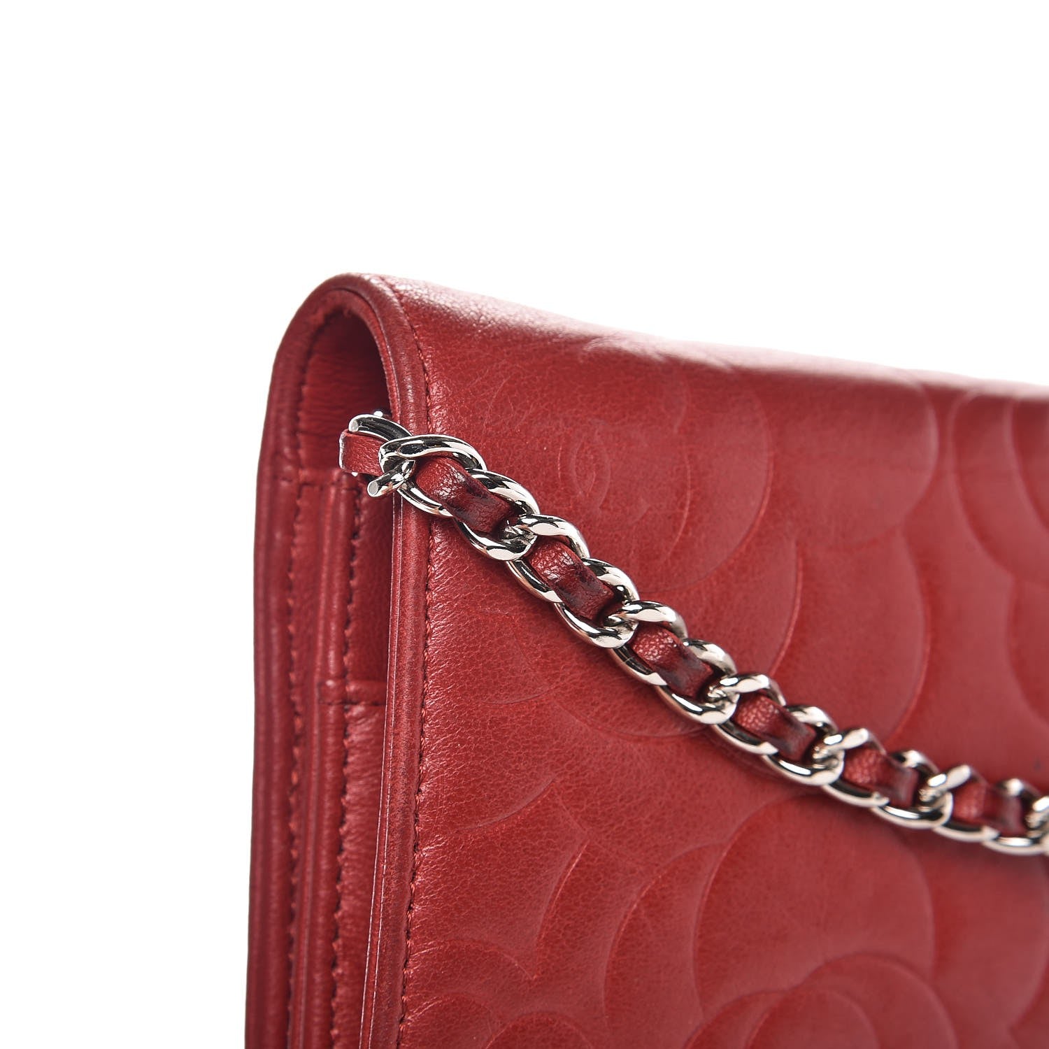 Chanel Lambskin Camellia Embossed Wallet On Chain WOC Dark Red 14 of 18