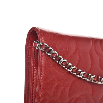 Chanel Lambskin Camellia Embossed Wallet On Chain WOC Dark Red 14 of 18