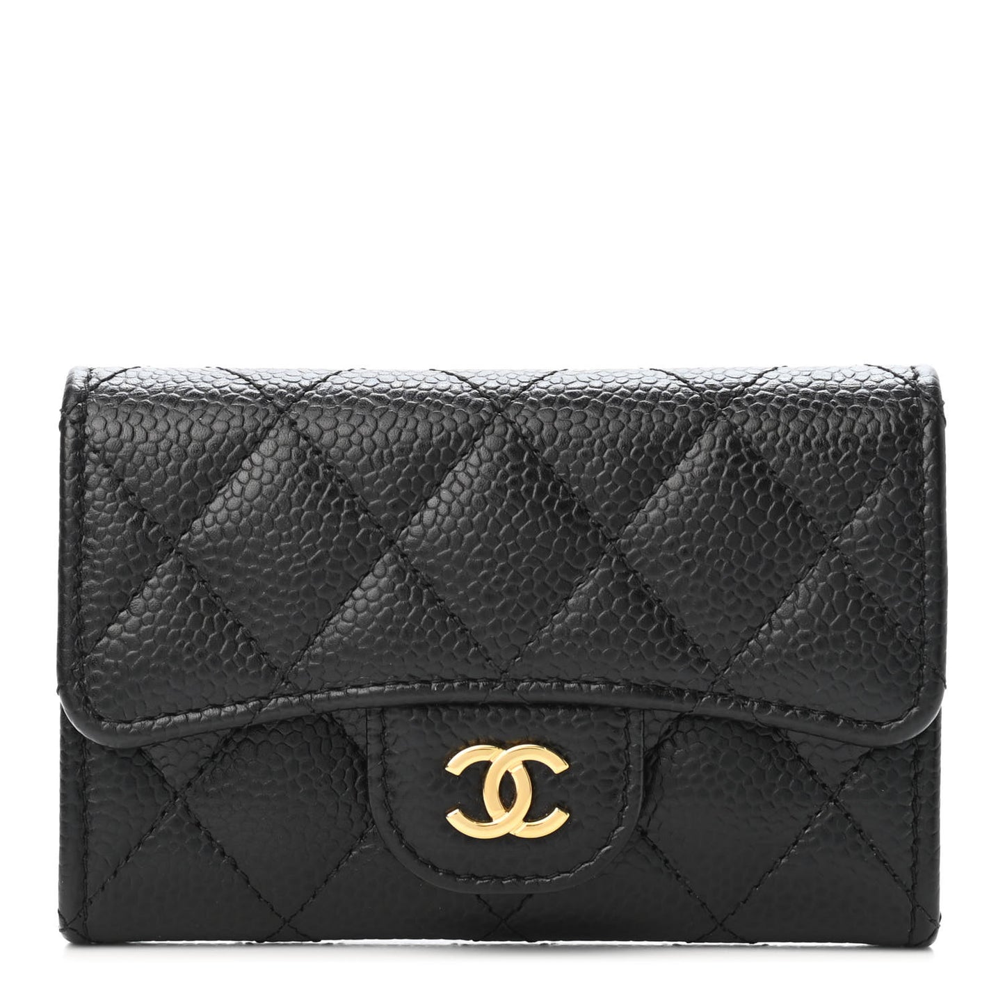 Caviar Quilted Flap Card Holder Wallet Black