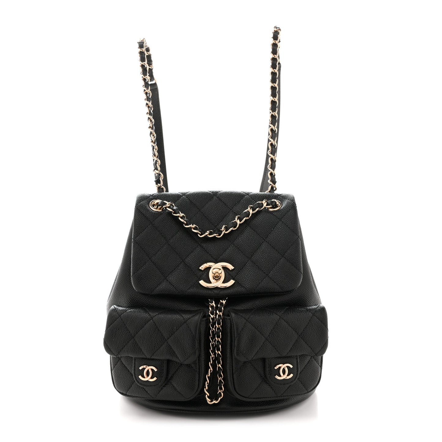 Shiny Caviar Quilted Medium Duma Pockets Drawstring Backpack Black