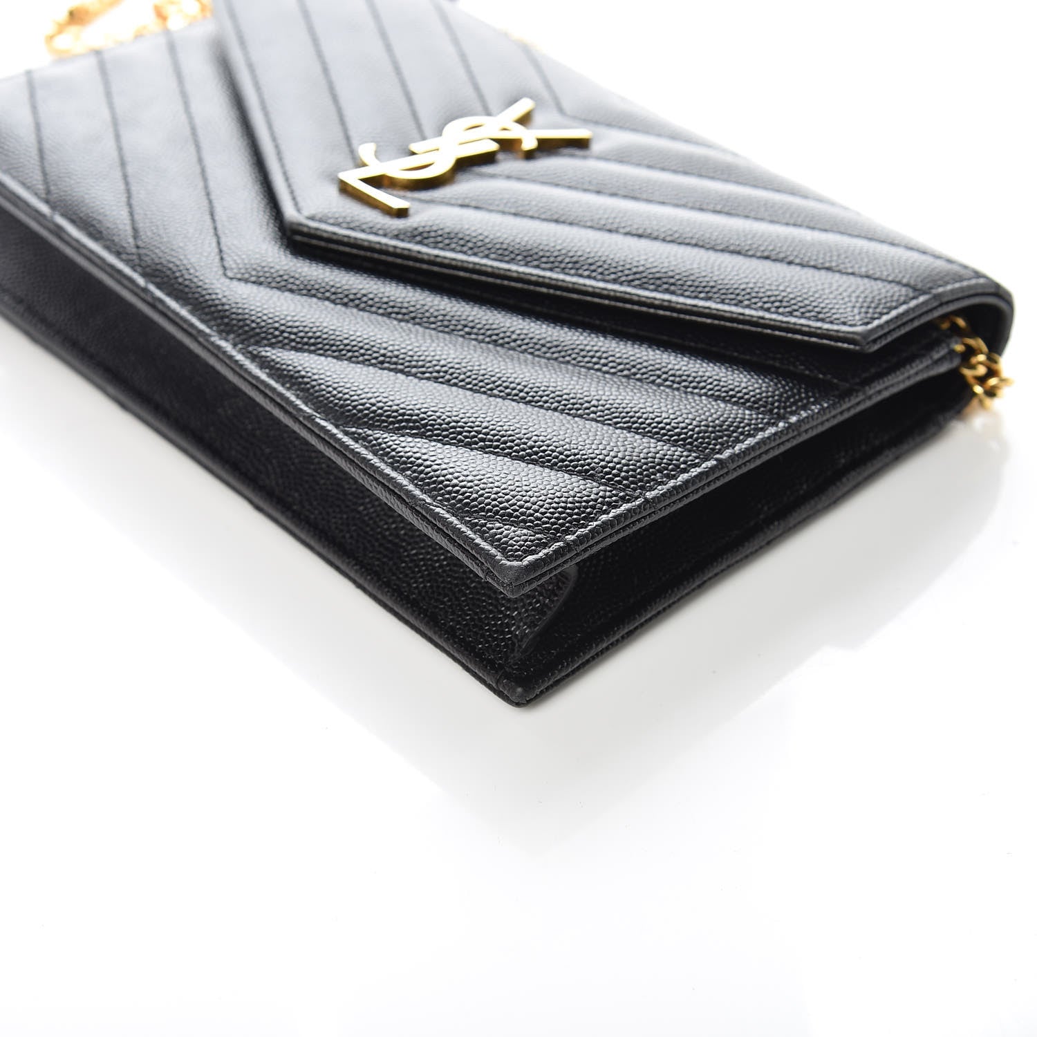 Saint Laurent Grain De Poudre Matelasse Chevron Monogram Envelope Chain Wallet Black 6 of 10