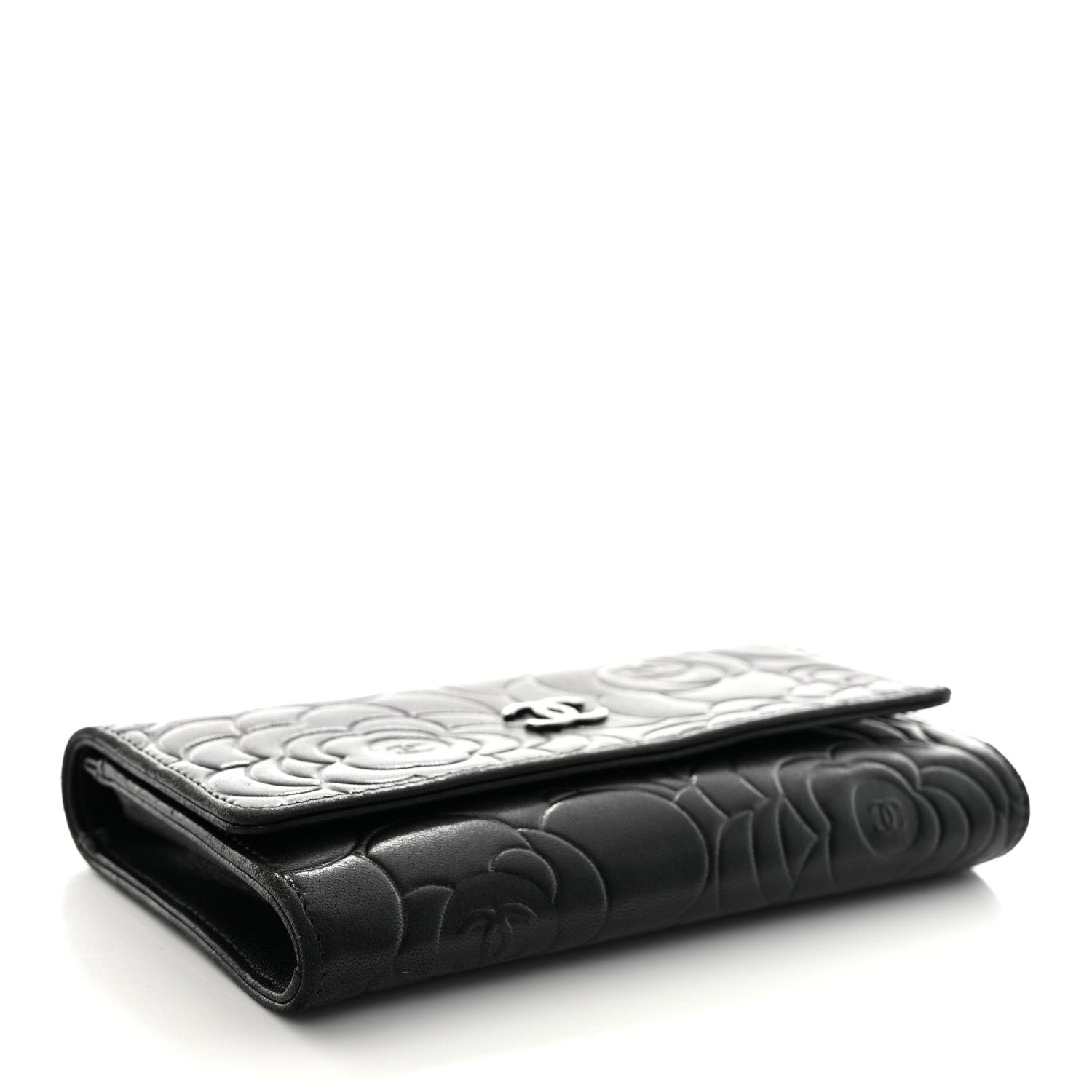 Chanel Lambskin Camellia Embossed Medium Wallet Black 4 of 9