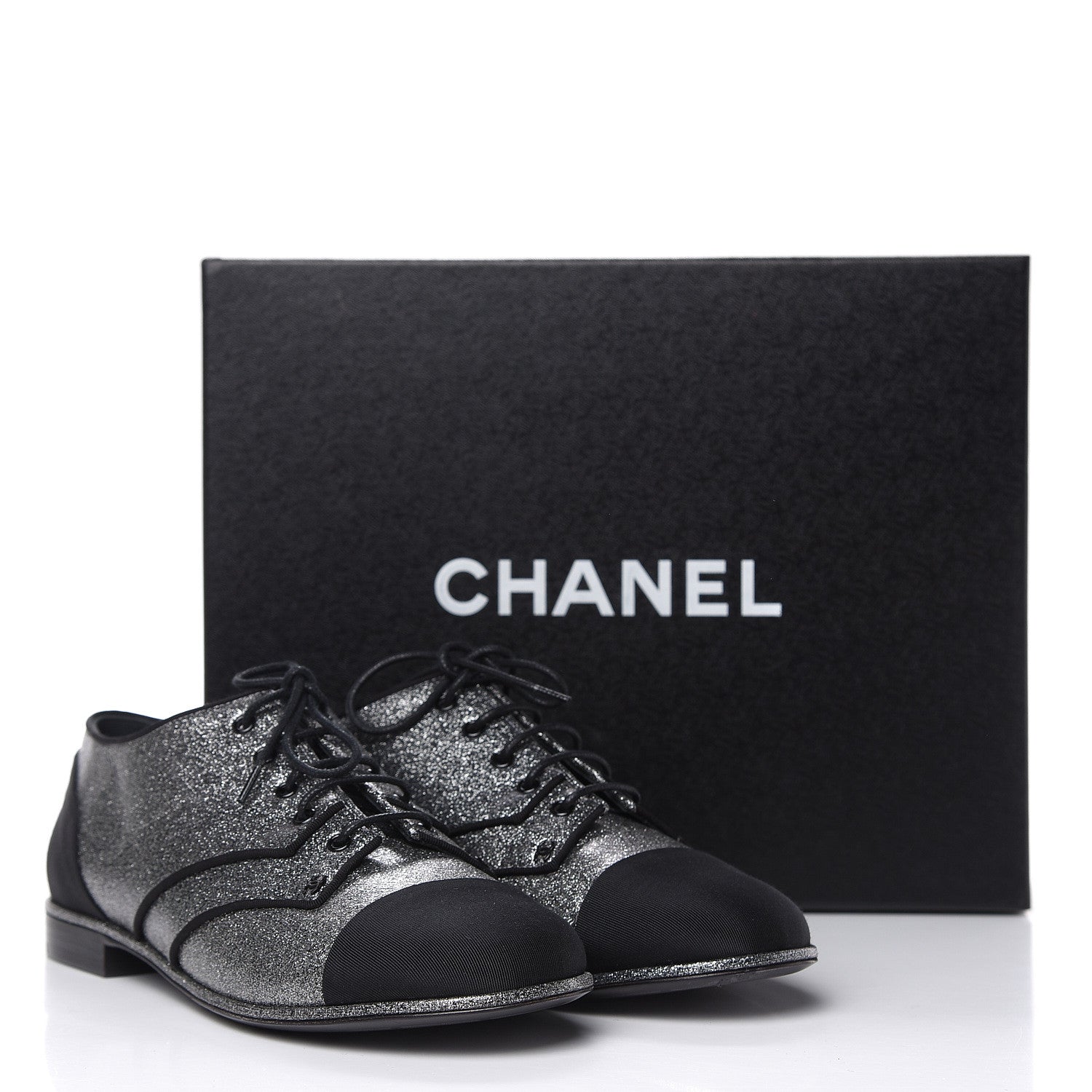 Chanel Glitter Fabric Grosgrain Cap Toe Lace Up Oxfords 37 Black Silver 9 of 9