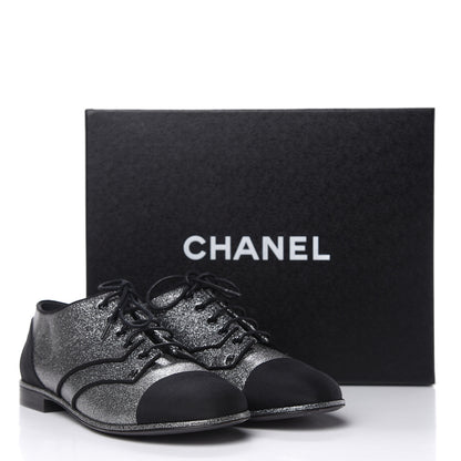 Chanel Glitter Fabric Grosgrain Cap Toe Lace Up Oxfords 37 Black Silver 9 of 9