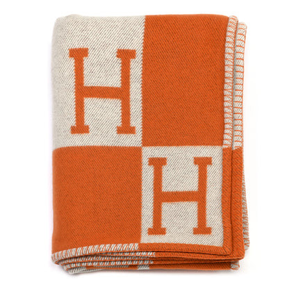 Hermes Wool Cashmere Signature Classic Avalon Blanket Ecru Potiron 1 of 3