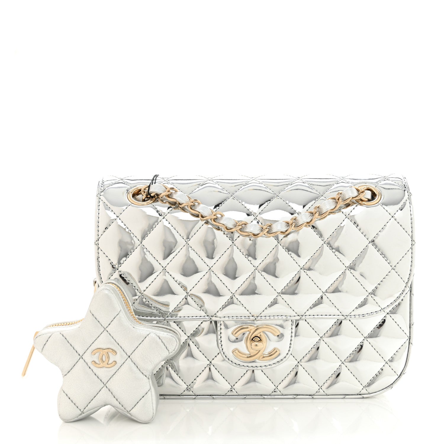 Chanel Mirror Calfskin Metallic Calfskin Medium Hollywood Boulevard Flap With Star Coin Purse Silvery 3 of 12