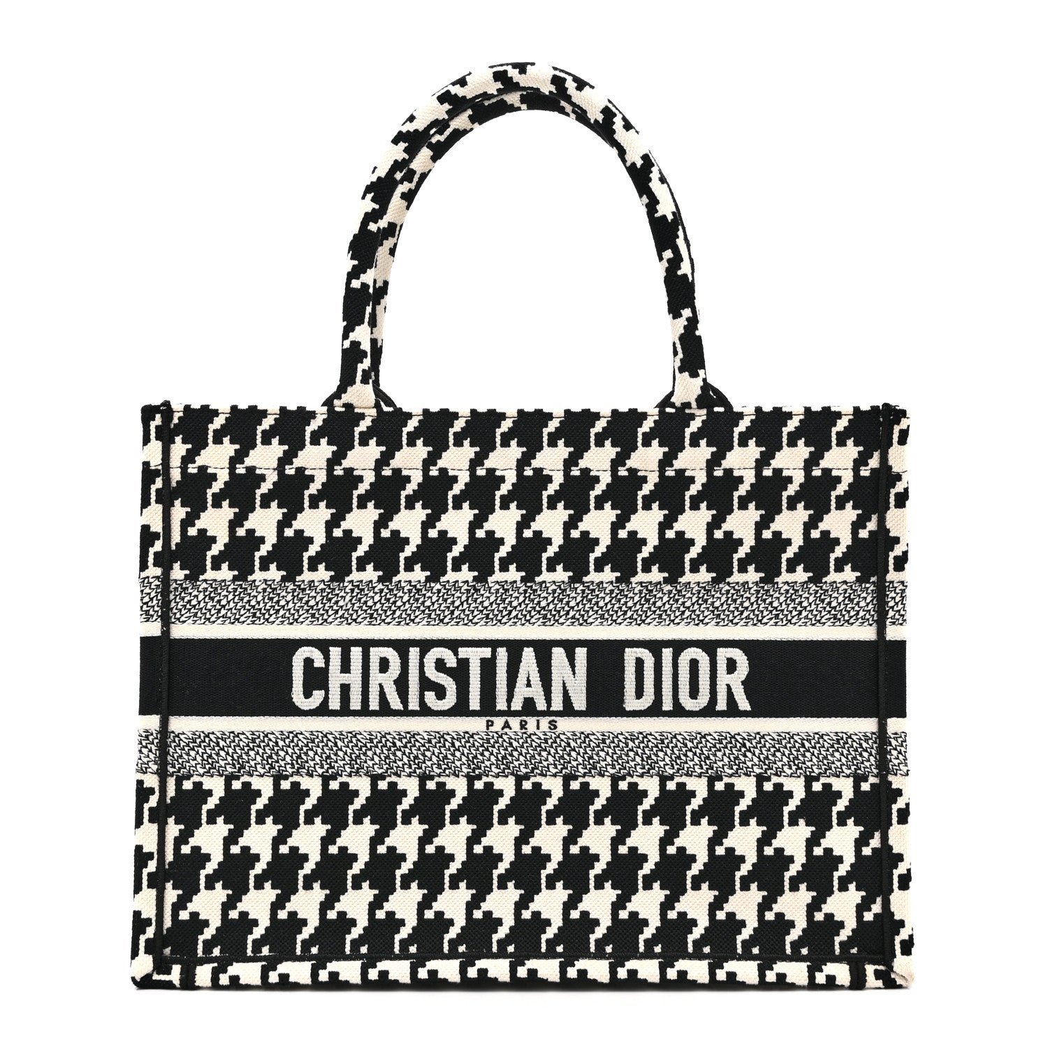 Christian Dior Canvas Houndstooth Embroidered Medium Book Tote Black White 1 of 10