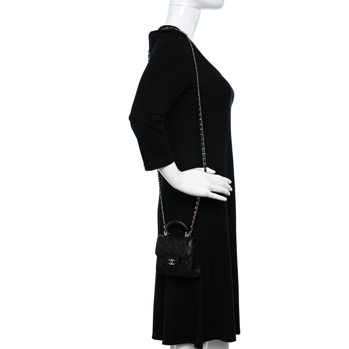 Lambskin Quilted Top Handle Flap Clutch With Chain Black