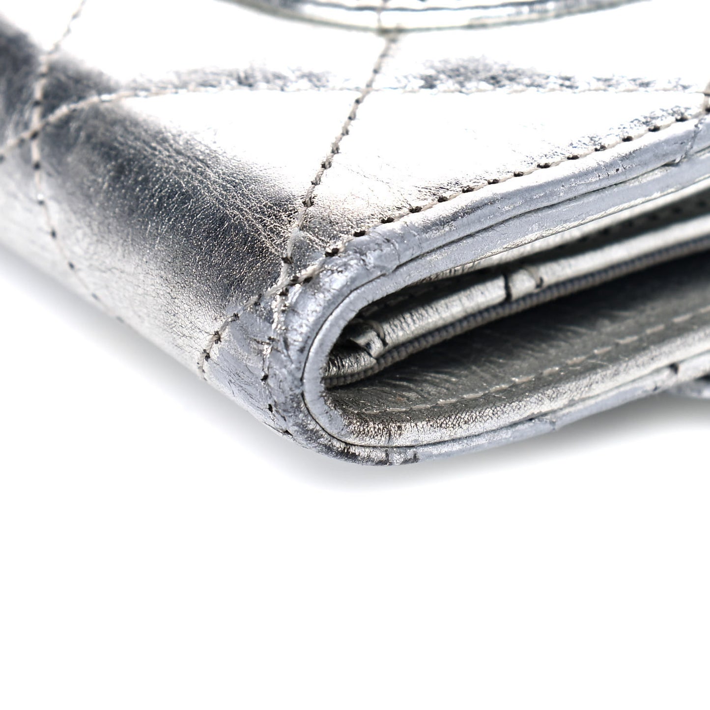 Metallic Aged Calfskin Quilted Reissue Long Flap Wallet Light Silver