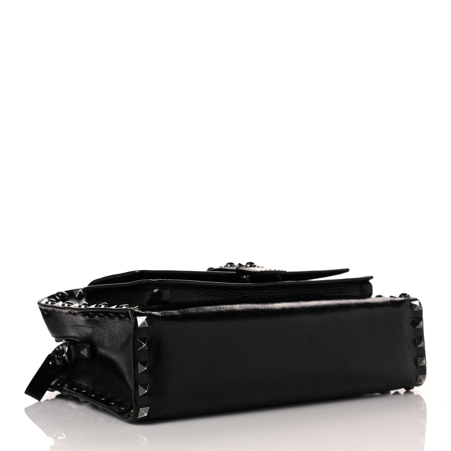 Craquele Calfskin Small Guitar Strap Rockstud Rolling Flap Pocket Shoulder Bag Black