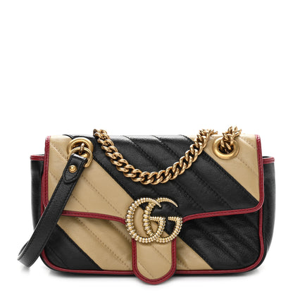 Gucci Azalea Calfskin Matelasse Diagonal Patchwork Mini Torchon GG Marmont Shoulder Bag Black Beige Romantic Cerise 1 of 10