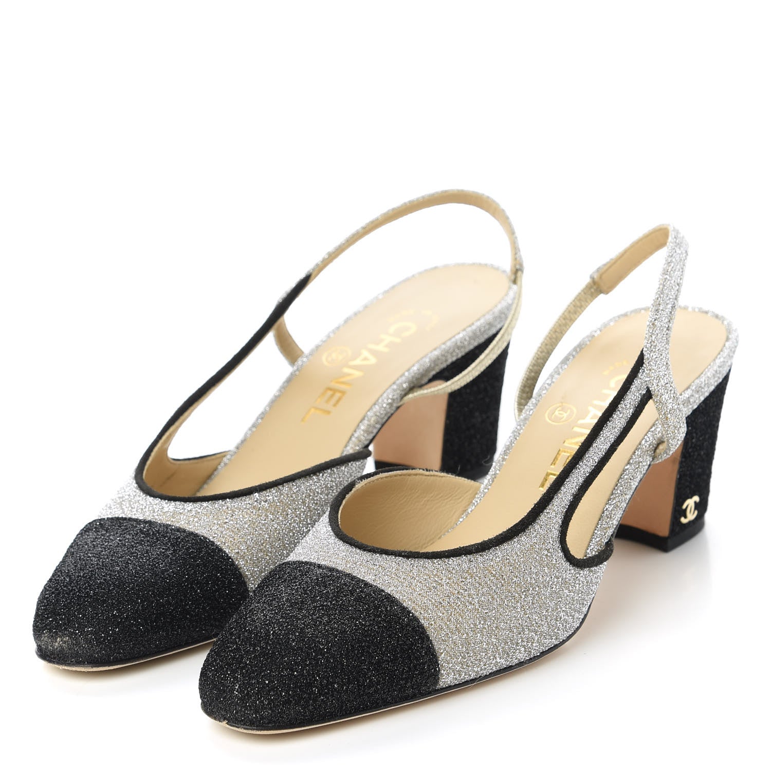 Chanel Glitter Grosgrain Cap Toe CC Slingback Pumps 36 Silver Black 3 of 9