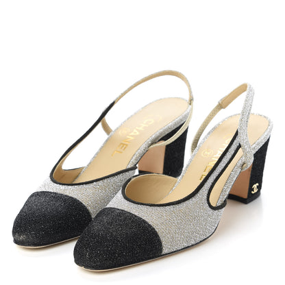 Chanel Glitter Grosgrain Cap Toe CC Slingback Pumps 36 Silver Black 3 of 9