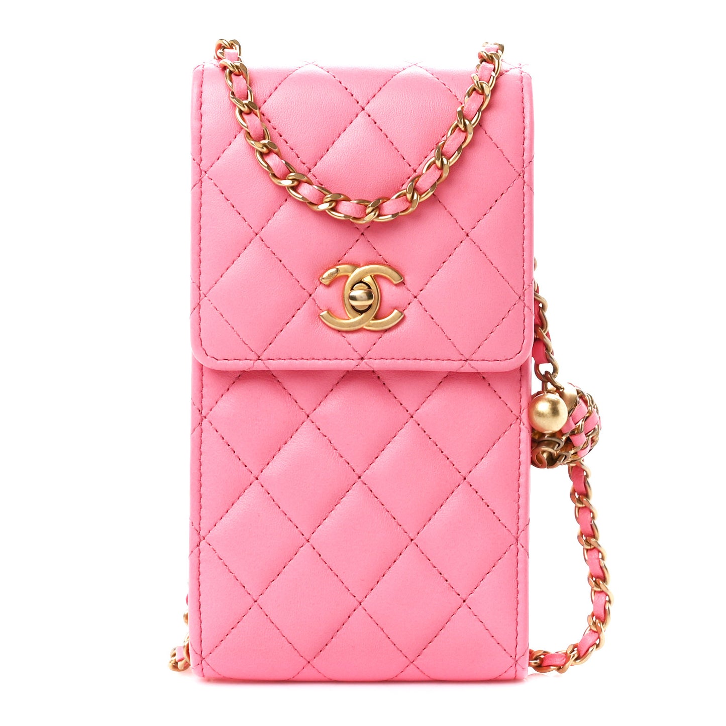Lambskin Quilted Pearl Crush Phone Holder With Chain Pink