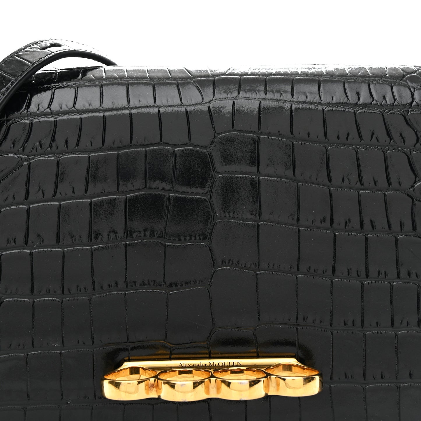 Calfskin Crocodile Embossed Four Ring Knuckle Crossbody Bag Black