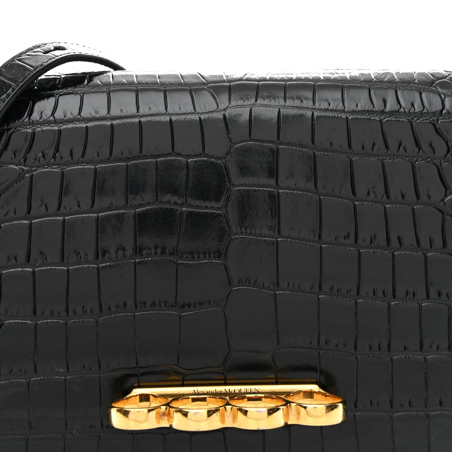 Alexander McQueen Calfskin Crocodile Embossed Four Ring Knuckle Crossbody Bag Black 8 of 12