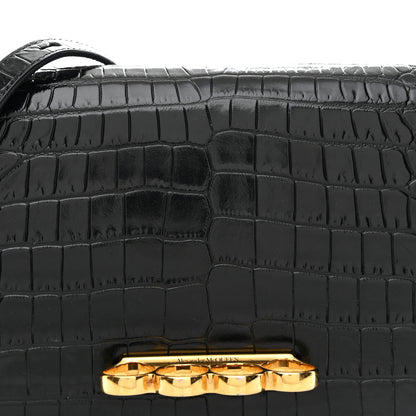 Alexander McQueen Calfskin Crocodile Embossed Four Ring Knuckle Crossbody Bag Black 8 of 12