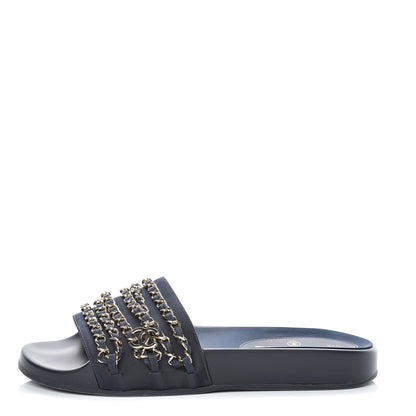 Chanel Satin Chain Slides Sandals Flats 38 Marine 1 of 11