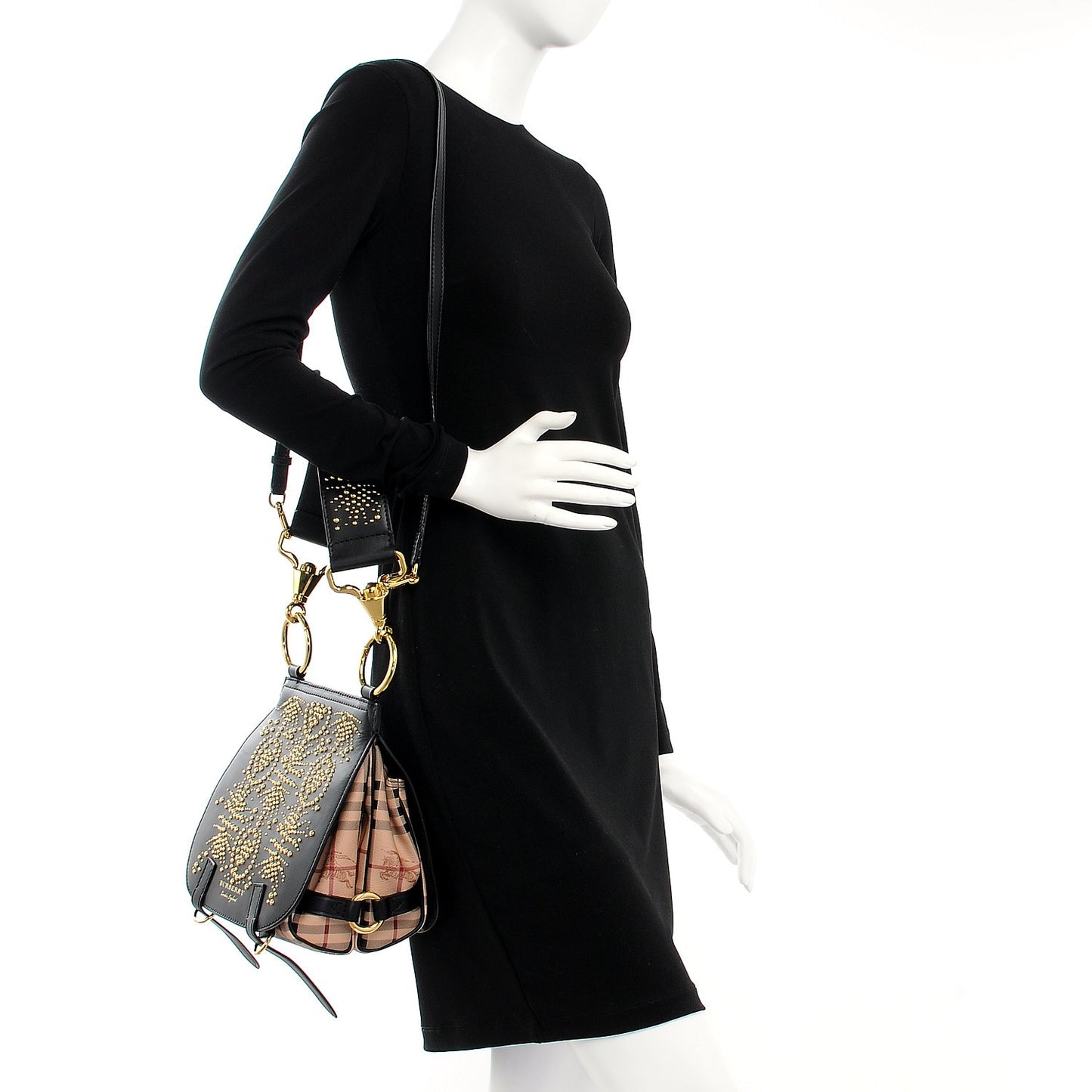 Calfskin Haymarket Check Studded Large Bridle Saddle Bag Black