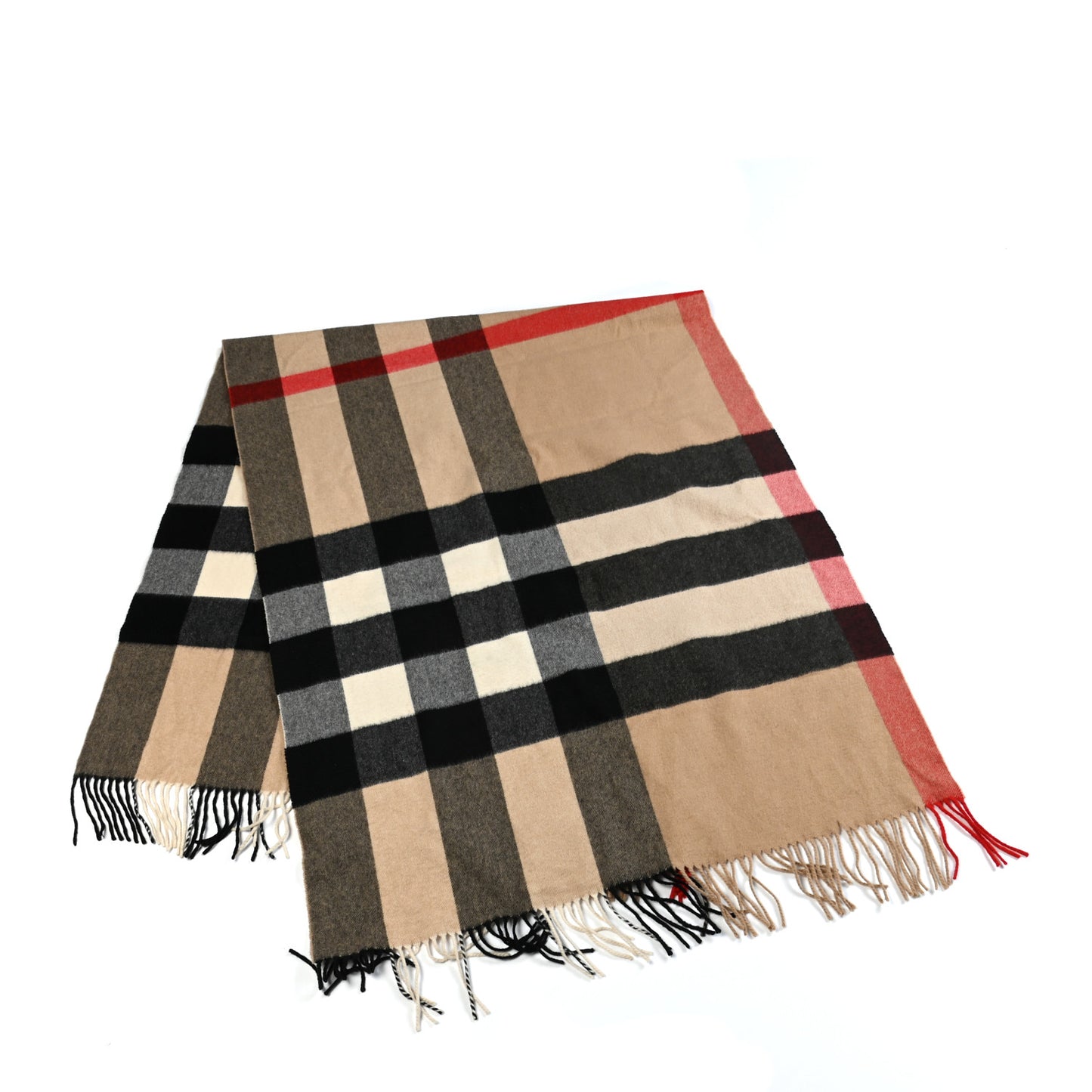 Cashmere Giant Check Fringe Scarf Camel