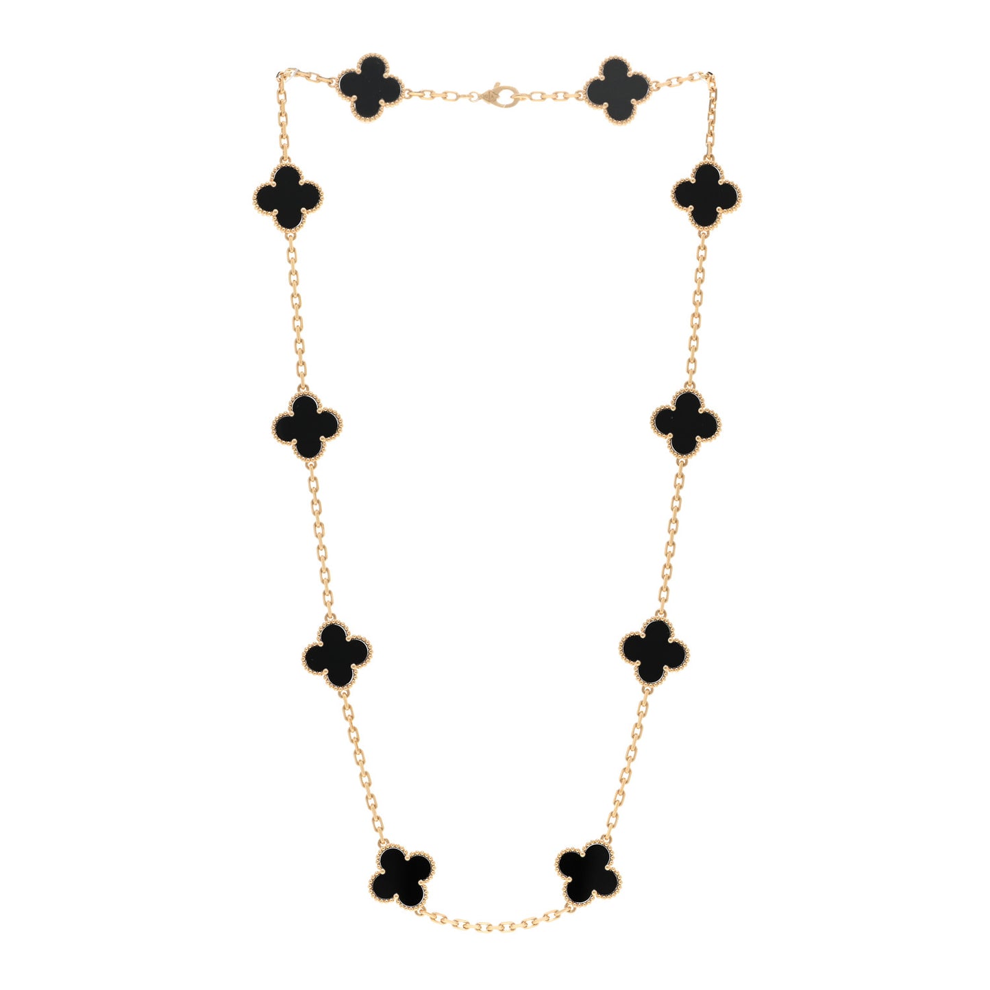 18K Yellow Gold Black Onyx 10 Motifs Vintage Alhambra Necklace