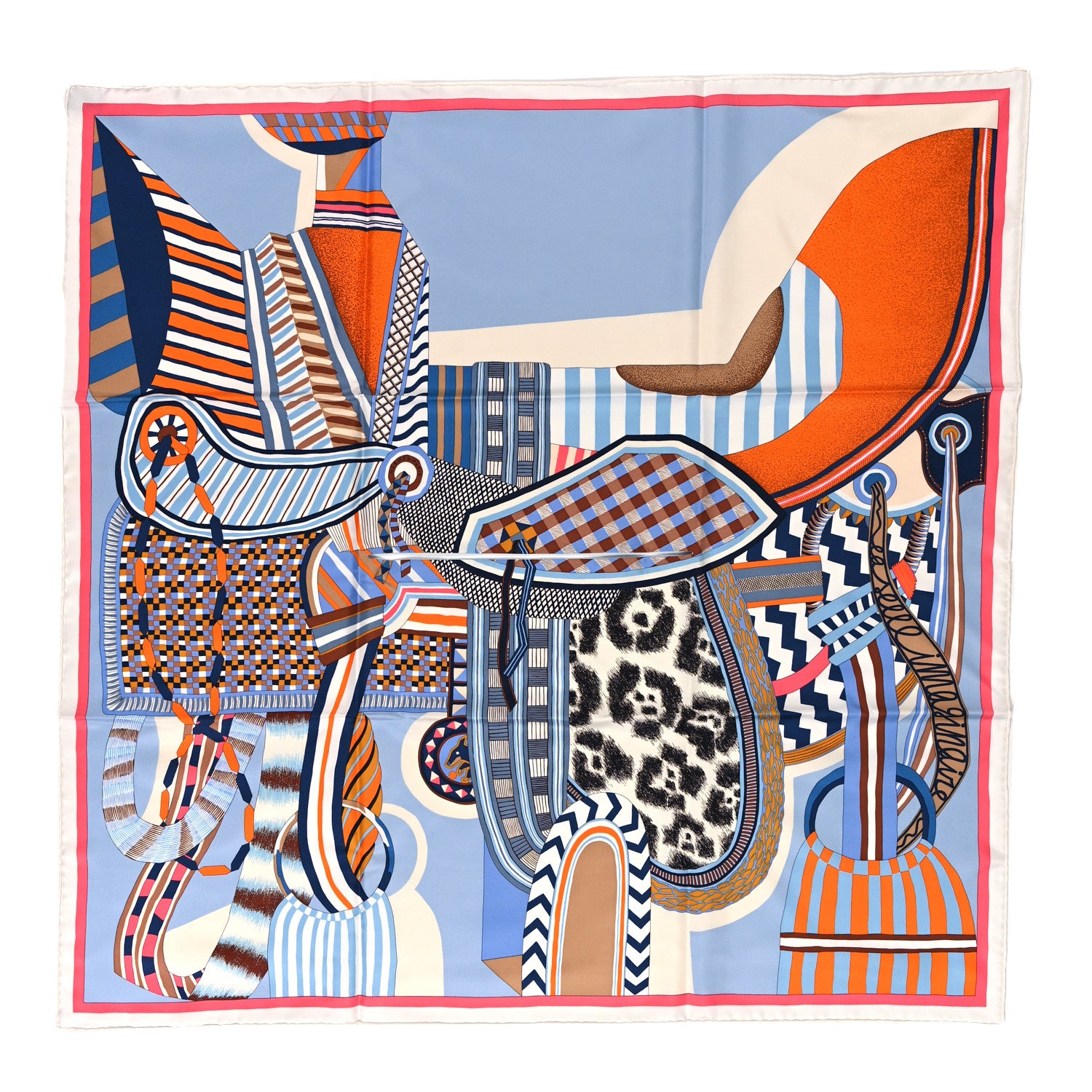 Hermes Silk La Selle Imaginaire Dossard Scarf 90 Bleu Tabac Grenadine 1 of 4