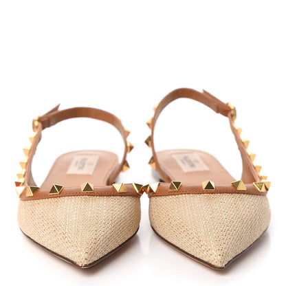 Valentino Garavani Raffia Calfskin Rockstud Slingback Flats 36 Naturale 2 of 9